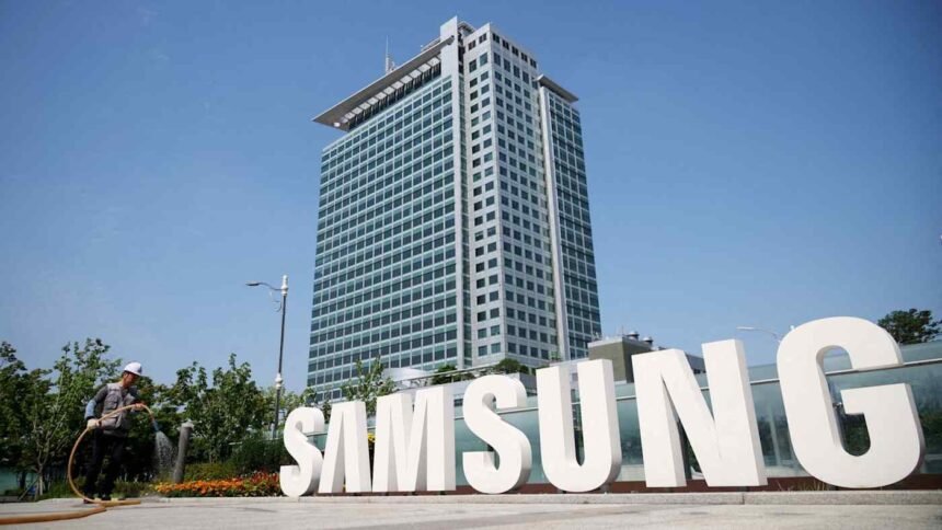 Large white Samsung logo letters installed outdoors in front of a tall modern corporate office building under a clear blue sky, with a worker walking nearby